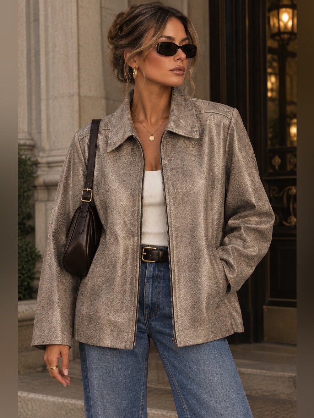 Vtg Womens Medium Tan Leather Snakeskin Print Textured Jacket Zip Boho